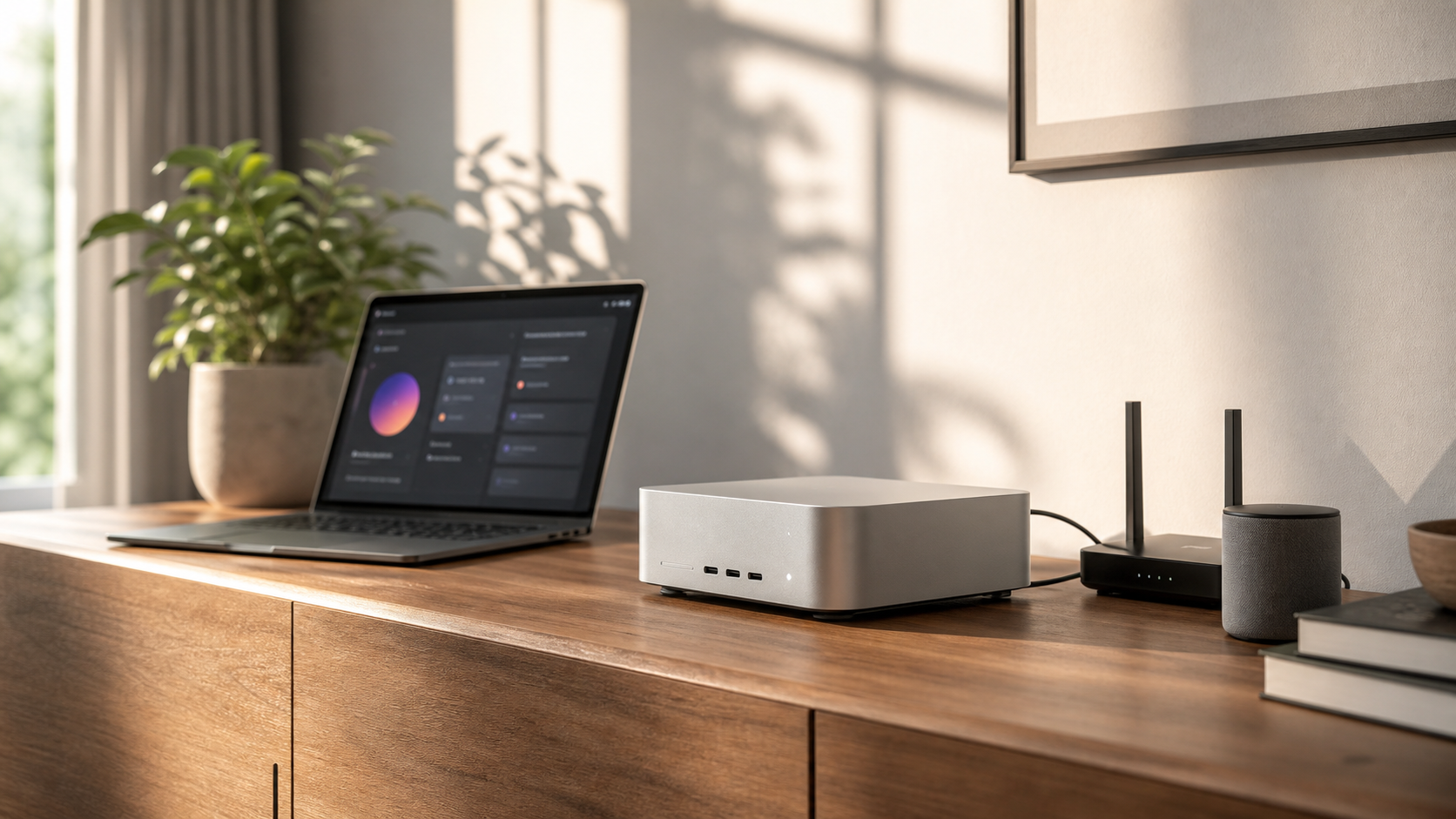 A compact private AI appliance installed beside a laptop, router, and speaker in a home office.